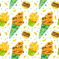 Ice cream, macaroons,  cupcakes and marmalade hand drawn seamless pattern. Summer desserts texture. Creative wallpaper, wrapping paper, textile design, scrapbooking, digital paper.