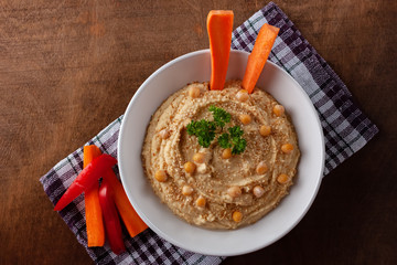 Healthy Homemade Creamy Hummus with Olive Oil and Pita Chips