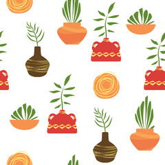 pattern vase and plants in terra cotta colors. boho vector for home decor,paper, wallpaper,textile.