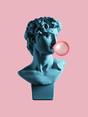 Illustration from 3d render of sculpture by David Michelangelo. David blows a pink bubble. Isolated on pink background.