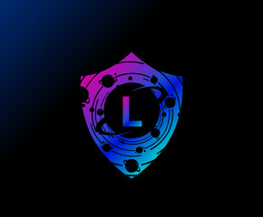 Shield L Letter Design. Planet Protection Logo Concept. Creative Galaxy Guard icon.