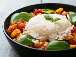 Homemade vegan eggplant and chickpea stew with bell pepper and zucchini