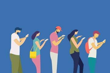 Obraz premium Young people standing in queue engaged with their mobile phones