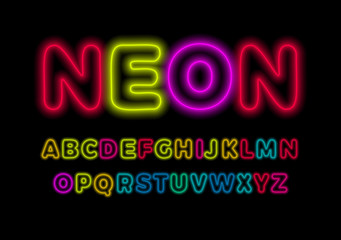 Neon letters set. Glowing colorful font. Luminous tubes style vector latin alphabet. Font for event, promo, logo, banner, monogram and poster. Typeset design