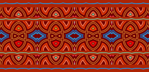 Ethnic geometric border pattern in African, Mexican, Native American style print with exotic face masks in trendy colors for design and decor decoration. Vector graphics.
