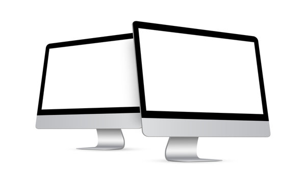 Two modern desktop PCs with perspective side views isolated on white background. Vector illustration