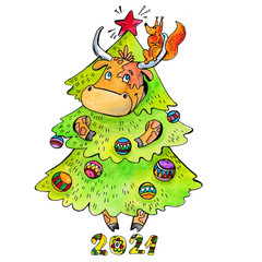 bull in a Christmas tree costume. The bull is a symbol of new year and Christmas 2021