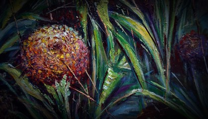 Naklejka premium hand painted original impressionism painter painting natural beauty botanical abstract oil color calendula flower petal and marigold flower school of art academy of art ink color fragment of artwork