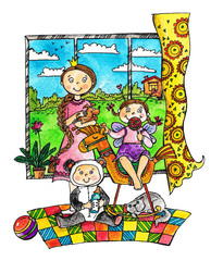 watercolor illustration with children in the nursery, sisters and brother