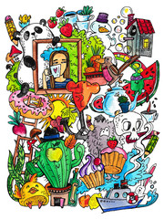 Doodle illustration, a lot of different objects, animals, plants, food