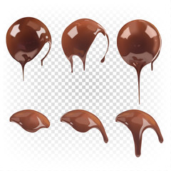 Chocolate sauce, ganache, liquid melted chocolate pouring into a round shape. Vector realistic set.