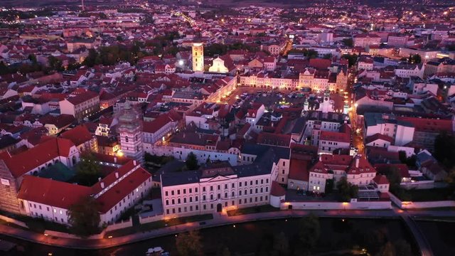 Night aerial view of historic centre of Ceske Budejovice. Czech Republic