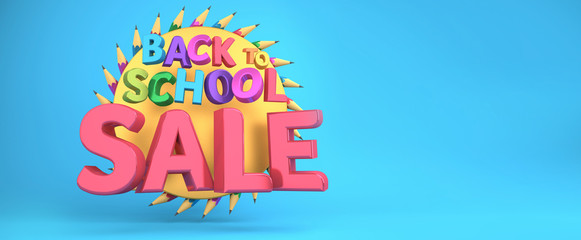 Back to school Sale banner colorful, education items and space for text in a background. 3D rendering.