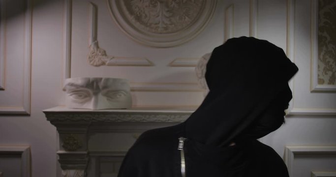 Robbery of the museum. A man in black clothes, a mask and gloves getting inside, looking around and stealing  the sculptures. A funny and stupid robber. Security system concept. 