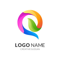 letter q and leaf logo design, modern 3d logo style in gradient vibrant colors