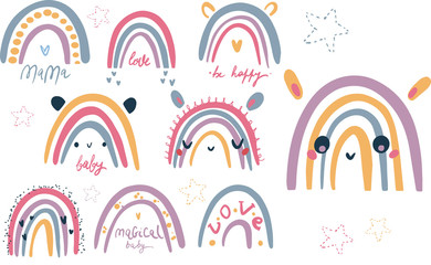 Abstract vector rainbow set. Hand drawn rainbows in minimalist scandinavian style. Modern baby, kid illustrations. Rainbow in different shapes. Colorful pastel color
