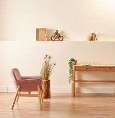 Modern and new style decorative wooden table and chair concept in the room, yellow background wall...