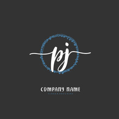 P J PJ Initial handwriting and signature logo design with circle. Beautiful design handwritten logo for fashion, team, wedding, luxury logo.