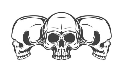 Vintage monochrome three human skull isolated on white background. Hand drawn design element template for emblem, print, cover, poster. Vector illustration.