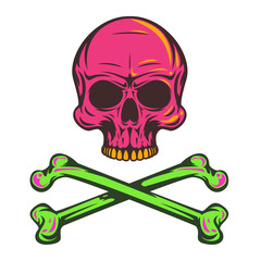 Vintage colorful human skull with crossbones isolated on clean background. Bright hand drawn design element template for emblem, print, cover, poster. Vivid vector illustration.