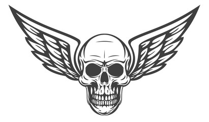 Vintage monochrome human skull with wing isolated on white background. Hand drawn design element template for emblem, print, cover, poster. Vector illustration.