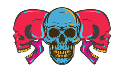 Vintage colorful three human skull isolated on white background. Bright hand drawn design element template for emblem, print, cover, poster. Vivid vector illustration.