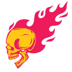 Vintage colorful human skull with fire flame isolated on white background. Bright hand drawn design element template for emblem, print, cover, poster. Vivid vector illustration.