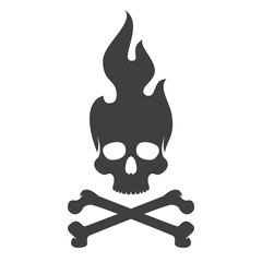 Vintage monochrome human skull with fire flame isolated on white background. Hand drawn design element template for emblem, print, cover, poster. Vector illustration.