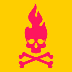 Vintage colorful human skull with fire flame isolated on yellow background. Bright hand drawn design element template for emblem, print, cover, poster. Vivid vector illustration.