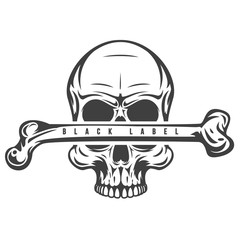 Vintage monochrome sliced human skull with bone isolated on white background. Hand drawn design element template for emblem, print, cover, poster. Vector illustration.