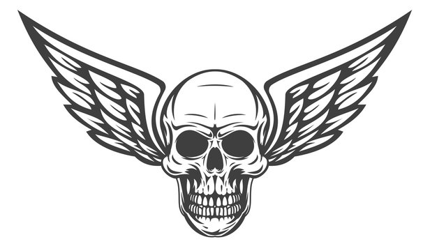 Vintage monochrome human skull with wing isolated on white background. Hand drawn design element template for emblem, print, cover, poster. Vector illustration.