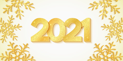 Obraz na płótnie Canvas Happy New Year 2021 background. 3D numbers and golden glittering snowflakes. Greeting card. Design holiday template. Vector illustration.
