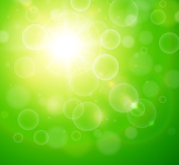 Obraz premium Sunny green background, sun with bokeh, hot summer vector illustration.