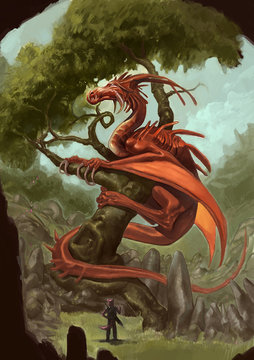 
a fox warrior with a big broadsword observes a huge red dragon perched on a tree in a fantastic landscape in the wilderness