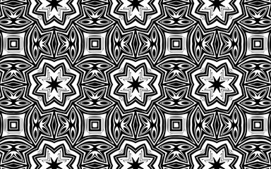 Black and white geometric background in ethnic abstract floral style for design, decor, wallpaper. Vector graphics for textiles, for coloring.