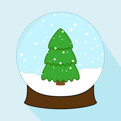 Christmas decoration, crystal ball. Christmas snowball with Christmas tree and snowflakes. Holiday symbol isolated on blue background in flat design. Colorful cartoon illustration. Vector