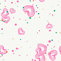 Abstract messy heart and dot seamless pattern. Chaotic romantic background. Vector illustration.
