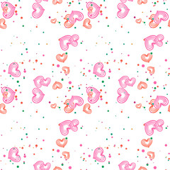 Abstract messy heart and dot seamless pattern. Chaotic romantic background. Vector illustration.