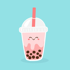 Bubble milk green tea cup icon isolated on white background vector. Cute cartoon character.