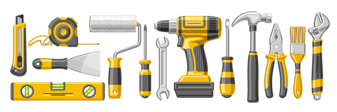 Vector set of Repair Tools, 13 cut out illustrations of variety yellow rubber and steel hardware tools, lot collection of objects for labor day on white background.