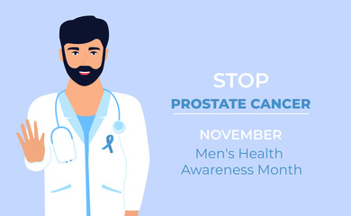 Doctor with blue ribbon on white medical gown is showing gesture to stop prostate cancer