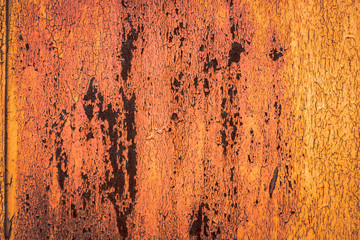 The old iron background is painted yellow, orange, purple, red in with rust and chips
