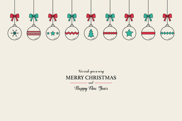 Minimalist Christmas background with hanging baubles and wishes. Xmas greeting card. Vector