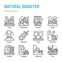 Natural disaster in outline icon and symbol set