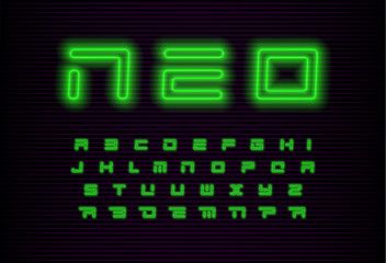 Neo geometric letters set. Green futuristic font. Neon modern style vector latin alphabet on black background. Font for cyber monday event, promo, logo, banner, monogram and poster. Typeset design - obrazy, fototapety, plakaty