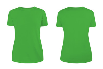 Women's green blank T-shirt template,from two sides, natural shape on invisible mannequin, for your design mockup for print, isolated on white background...