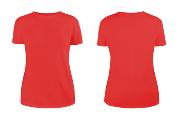 Women's red blank T-shirt template,from two sides, natural shape on invisible mannequin, for your design mockup for print, isolated on white background...