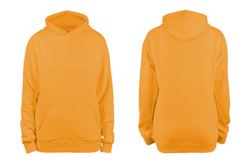 woman's orange blank hoodie template,from two sides, natural shape on invisible mannequin, for your design mockup for print, isolated on white background.