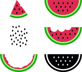 Watermelon Vector Illustration Set, Bitten Watermelon Slices and Seeds 