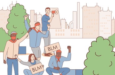 Protests across the United States of America. Men holding placards with Black Lives Matter words and protesting in city park vector cartoon outline illustration. Tolerance and stop racism concept.